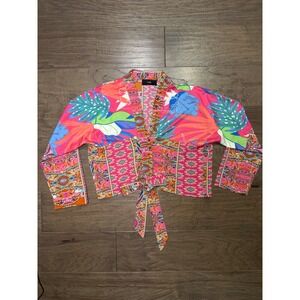 Rain Pink Paisley Tropical Floral Print‎ Cropped Tie Front Jacket Snap Button L